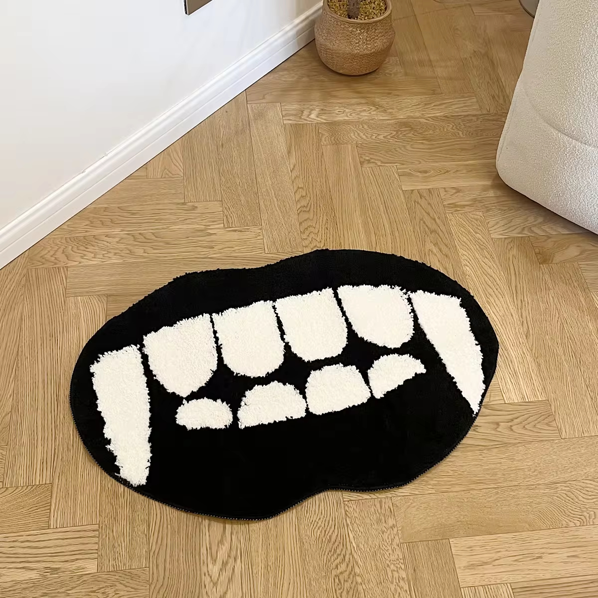 Black White Ghost Teeth Tufted Rug Funny Soft Cartoon Food Pad Living Room Carpet Anti-slip Hallway Mat Funny Home Nursery Decor
