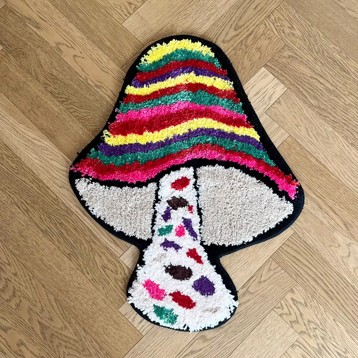 Colorful Mushroom Shaped Fluffy Rug - Soft Plush Non-Slip Carpet, Vibrant Striped & Polka Dot Design, Washable Home Decor for Bedroom, Living Room, Kids Room, Entryway, Cute Cartoon Floor Mat