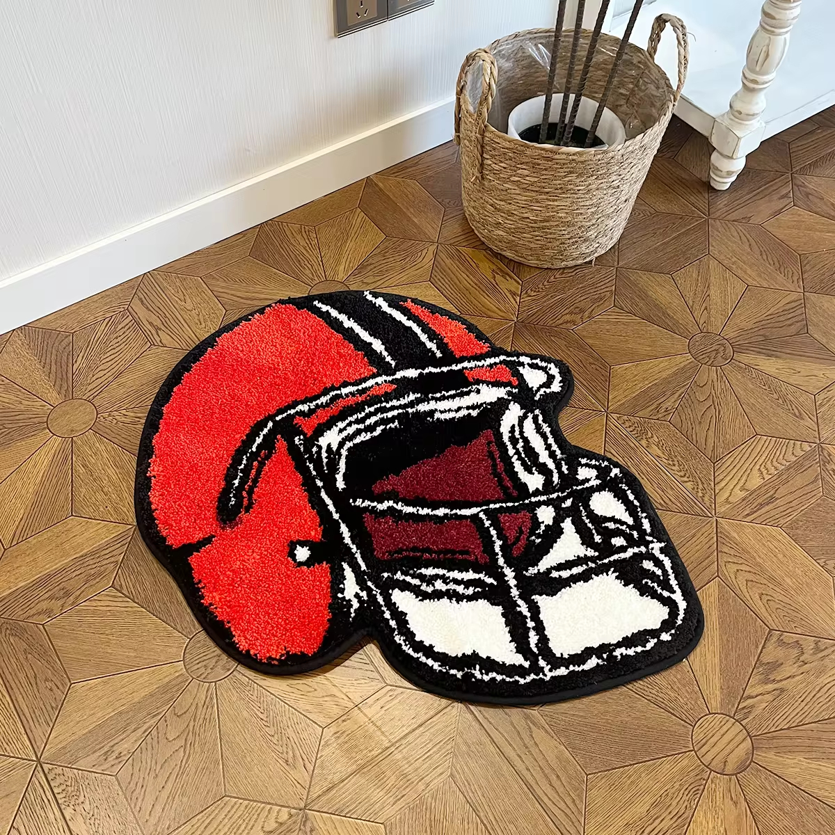 Football Helmet Shaped Fluffy Rug - Retro Sports Pattern Plush Carpet, Soft Non-Slip Washable Floor Mat, Stylish Home Decor for Bedroom, Living Room, Game Room, Entryway, Cozy Cluster Rug