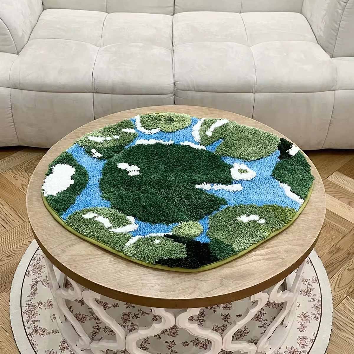 Oval Lotus Leaf Pattern Fluffy Rug - Green & Blue Water Landscape Plush Carpet, Soft Non-Slip Washable Floor Mat, Fresh Nature Style Home Decor for Bedroom, Living Room, Kids Room, Entryway Cluster Rug