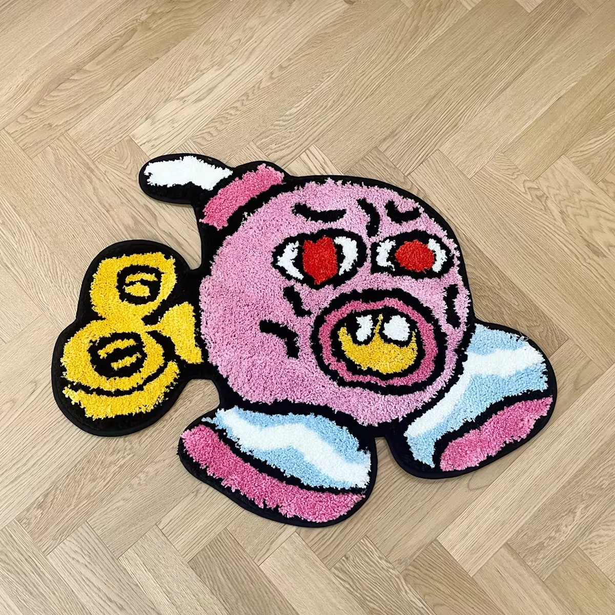 Cute Cartoon Monster Pattern Fluffy Rug, Pink & Yellow Vibrant Character Plush Carpet, Non-Slip Washable Doormat for Kids’ Bedroom/Playroom, Fun Whimsical Home Decor Mat with Soft Texture, Colorful Anime-Style Floor Accent