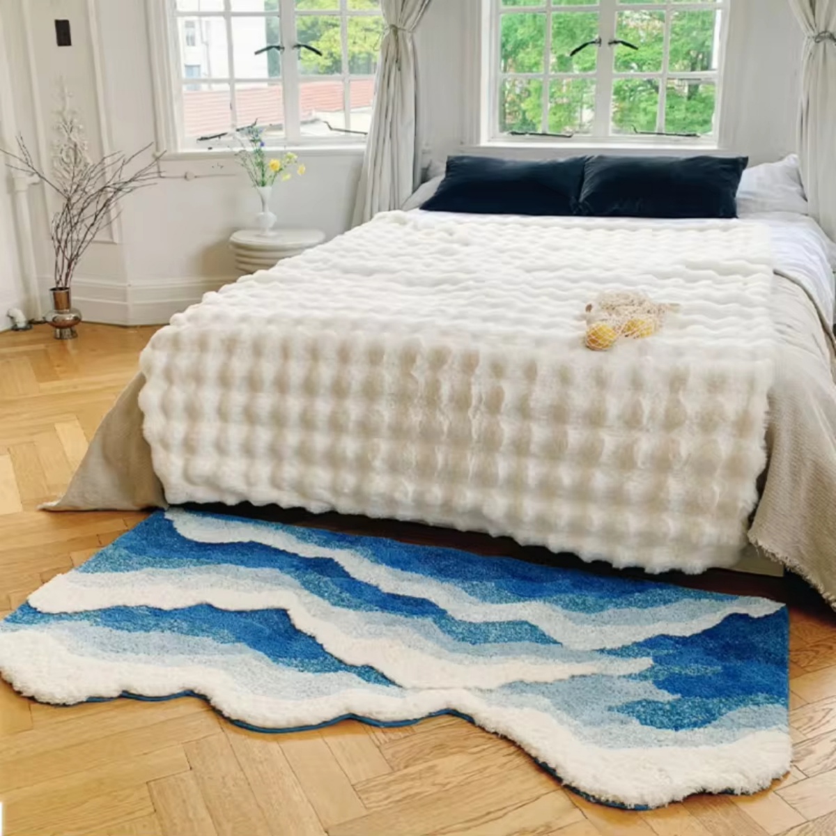 Blue Sea Wave Flocking Rug Bedroom Rug Corridor Area Floor Pad Mat Doormat Aesthetic Home Decor