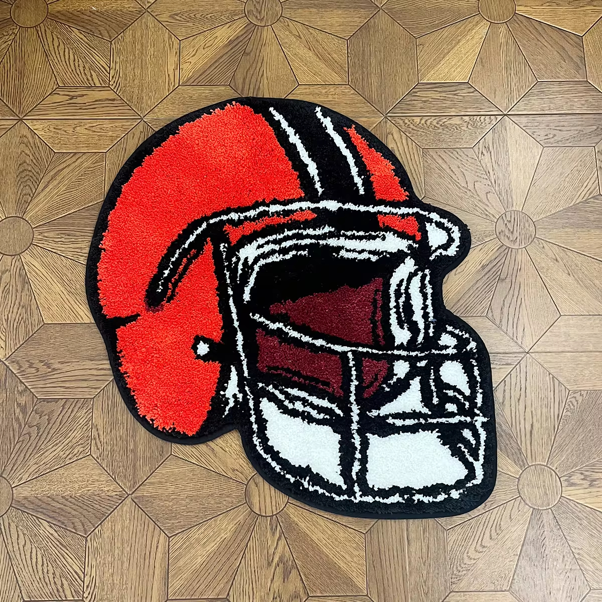 Football Helmet Shaped Fluffy Rug - Retro Sports Pattern Plush Carpet, Soft Non-Slip Washable Floor Mat, Stylish Home Decor for Bedroom, Living Room, Game Room, Entryway, Cozy Cluster Rug