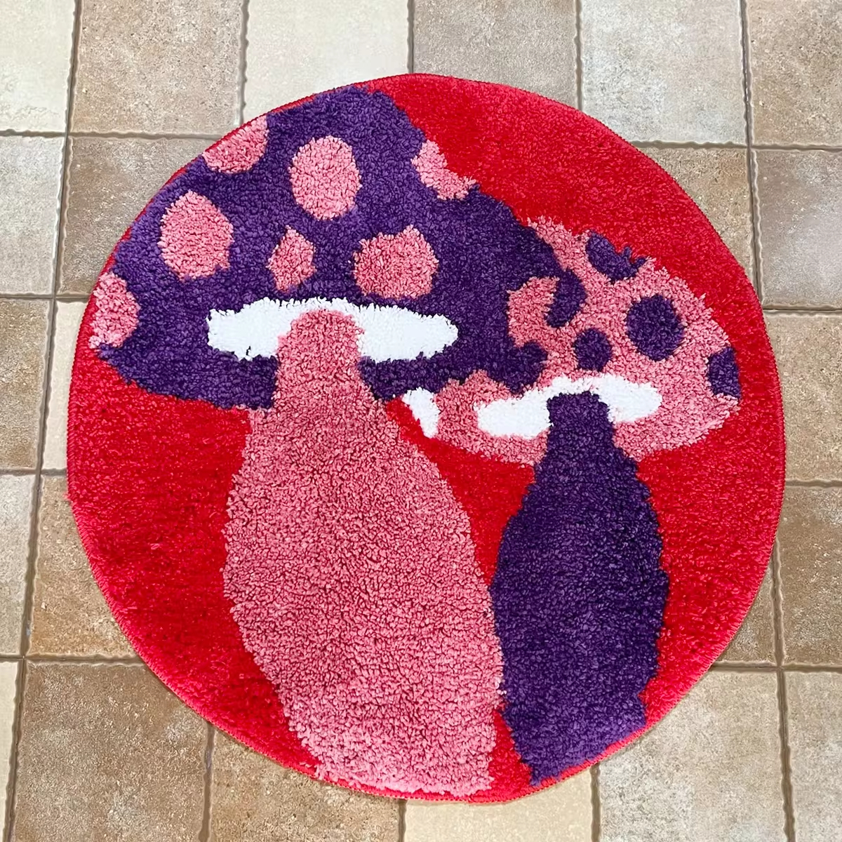 Round Mushroom Pattern Fluffy Rug - Colorful Purple & Pink Polka Dot Plush Carpet, Soft Non-Slip Washable Floor Mat, Cute Cartoon Home Decor for Bedroom, Living Room, Kids Room, Entryway Cluster Rug