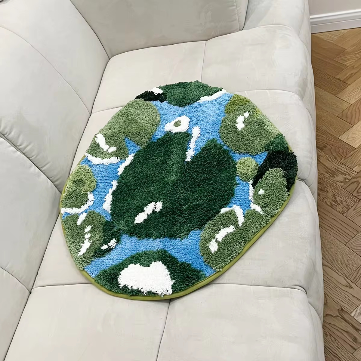 Oval Lotus Leaf Pattern Fluffy Rug - Green & Blue Water Landscape Plush Carpet, Soft Non-Slip Washable Floor Mat, Fresh Nature Style Home Decor for Bedroom, Living Room, Kids Room, Entryway Cluster Rug