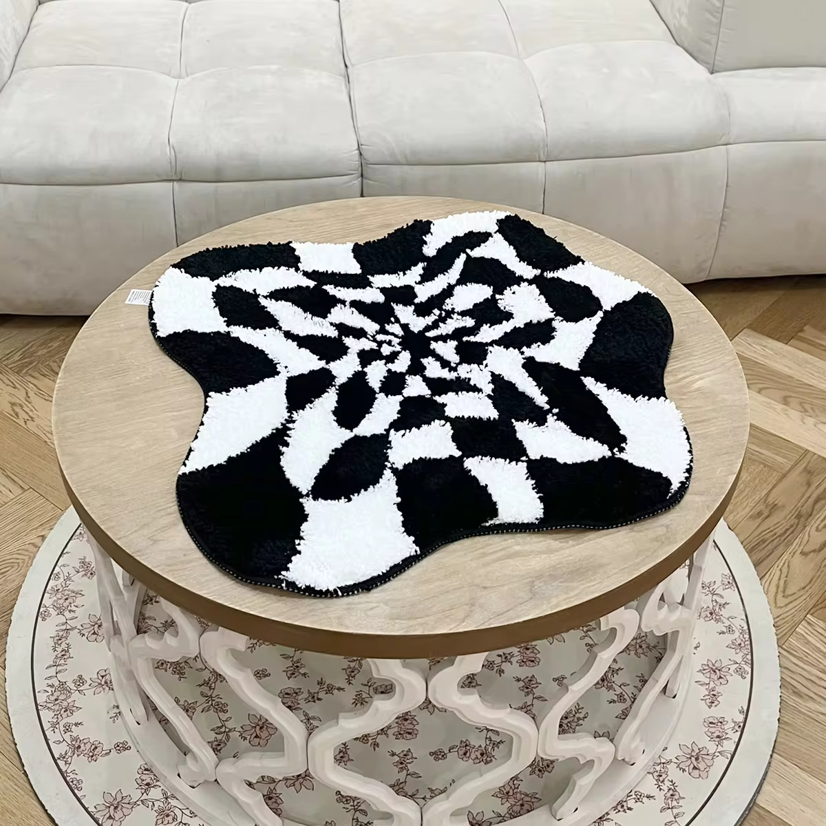 Abstract 3D Illusion Checkered Cloud Shape Tufted Rug - Handmade Modern Black and White Design - Fluid Art Porch Carpet