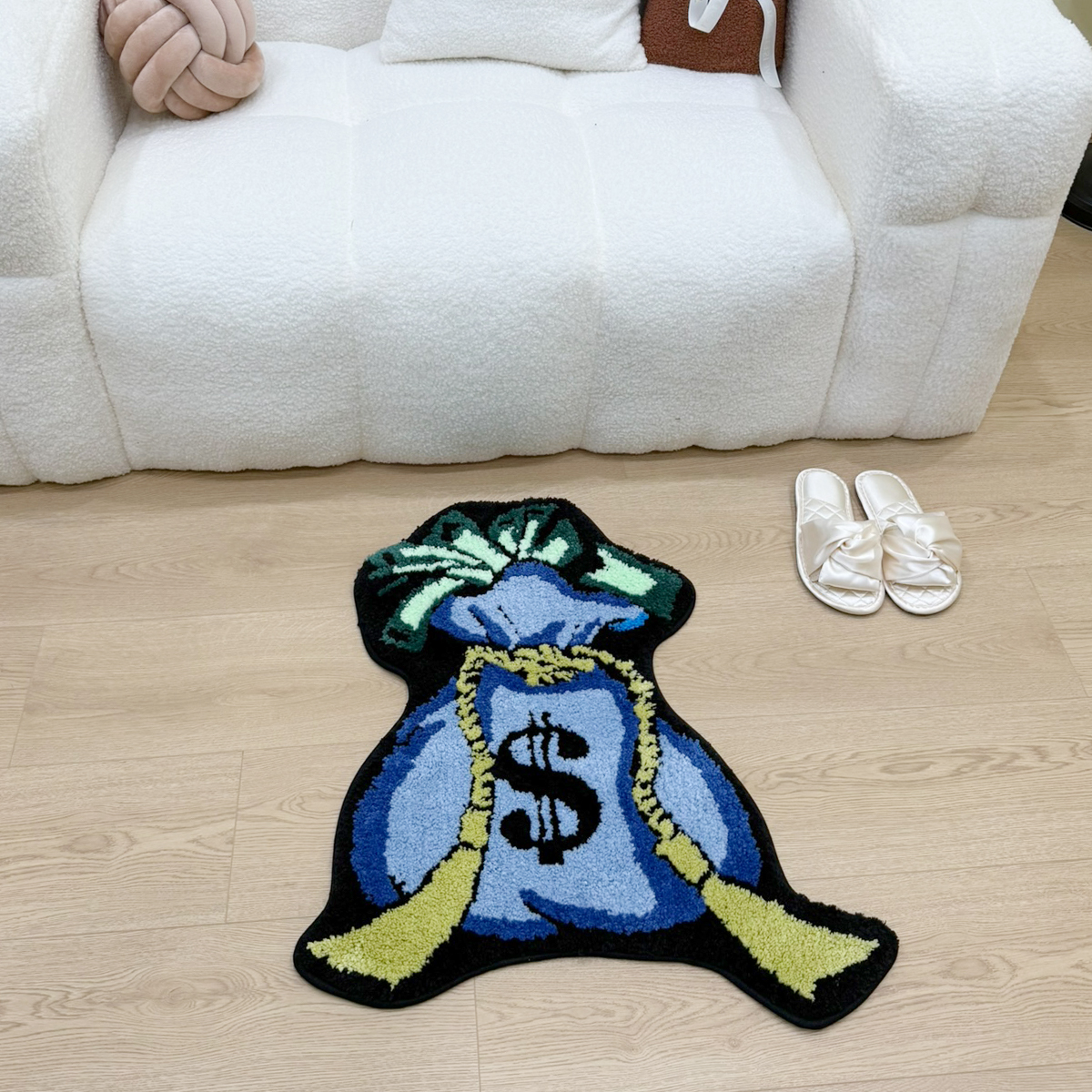 Blue Money Bag Shaped Tufted Rug, Blue Dollar Sign Plush Carpet with Cash Detail, Soft Non-Slip Irregular Floor Mat for Bedroom, Man Cave & Office, Fun Finance Themed Home Decor for Entrepreneurs