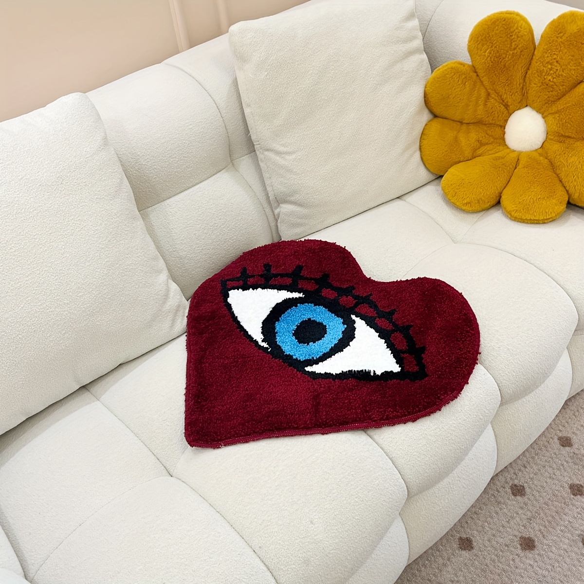 Heart Shape Eye Pattern Fluffy Rug, Burgundy & Blue Mystical Aesthetic Plush Carpet, Non-Slip Washable Doormat for Bedroom/Entryway, Creative Bold Home Decor Mat with Soft Texture, Trendy Occult-Style Floor Accent
