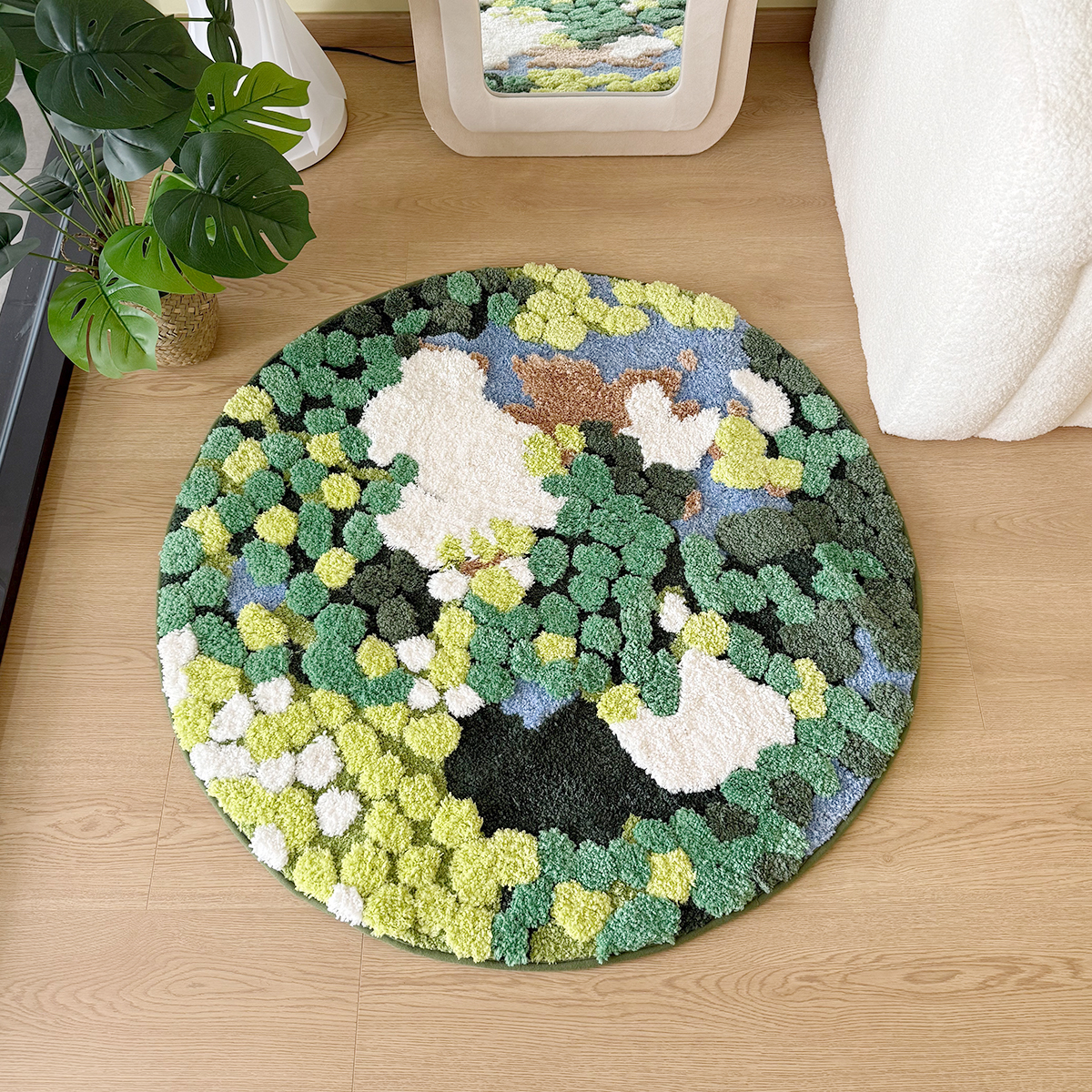 European Earth Moss 3D Flocking Rug Round Bedside Rug INS Entrance Anti-Slip Water-Absorbent Floor Mat for Bedroom & Home Decor