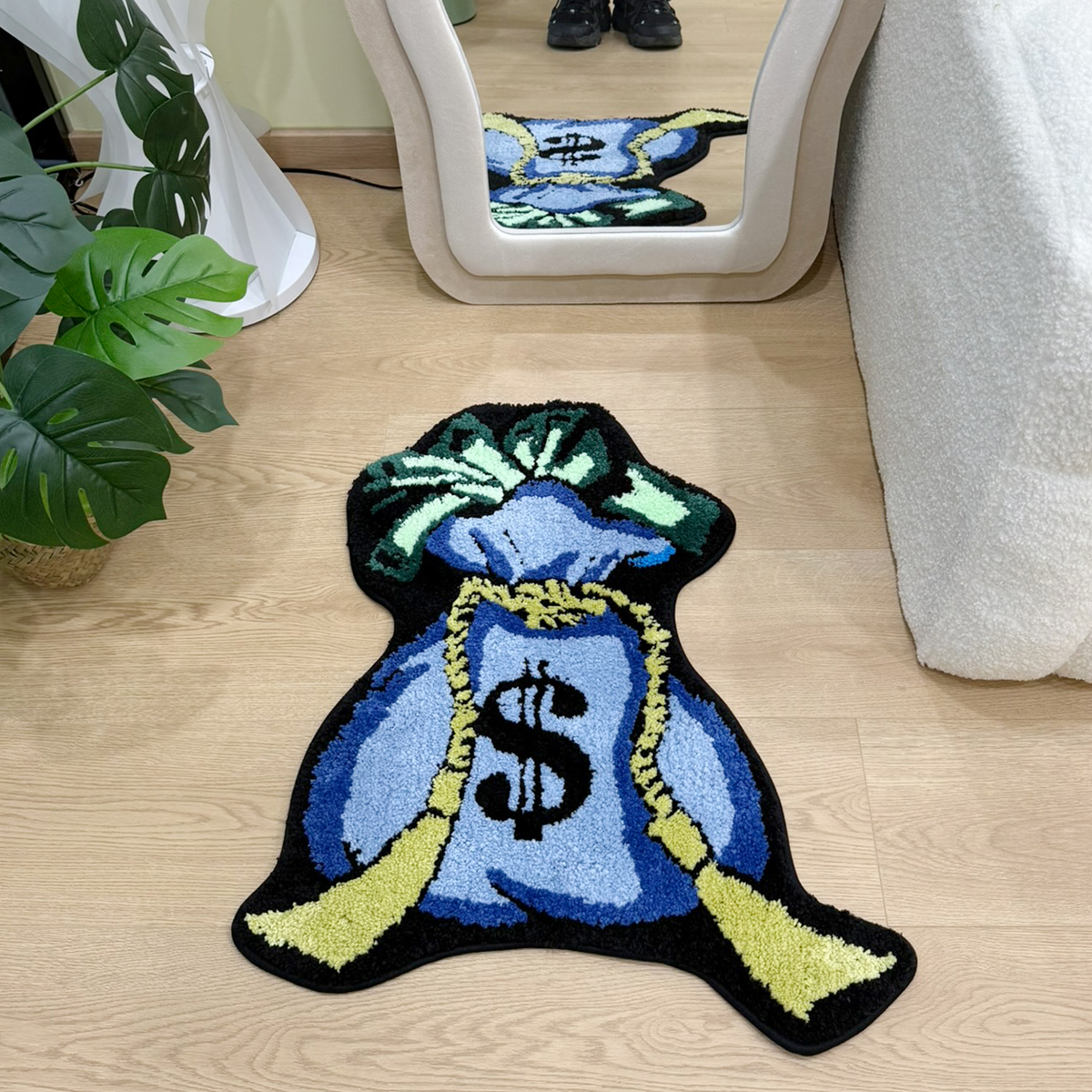 Blue Money Bag Shaped Tufted Rug, Blue Dollar Sign Plush Carpet with Cash Detail, Soft Non-Slip Irregular Floor Mat for Bedroom, Man Cave & Office, Fun Finance Themed Home Decor for Entrepreneurs