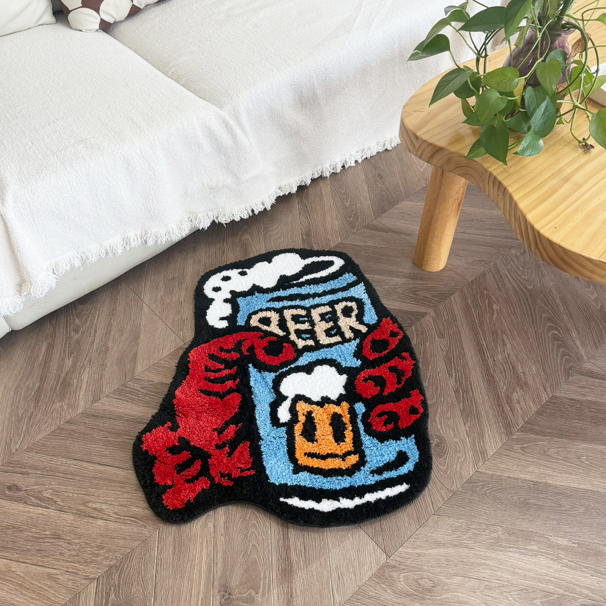 Retro Beer & Claws Tufted Rug - Funky Cartoon Style Anti-Slip Floor Mat for Home Bar & Living Room Decor.