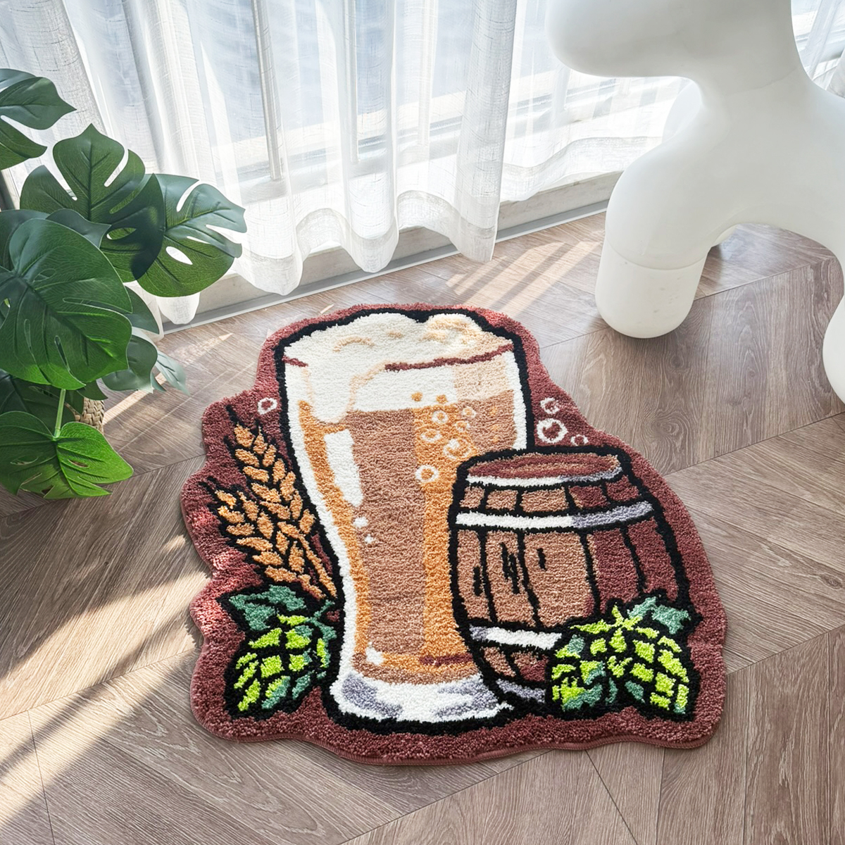 Beer Mug & Barrel Tufted Rug - Vibrant Retro Style Anti-Slip Floor Mat for Home Bar, Kitchen & Man Cave Decor.