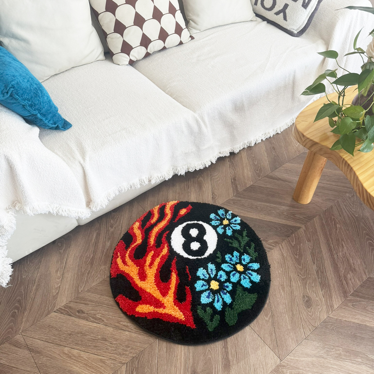 Vibrant 8 Ball Pattern Tufted Rug - Flame & Floral Design Plush Carpet, Perfect for Billiard Lovers & Trendy Spaces.