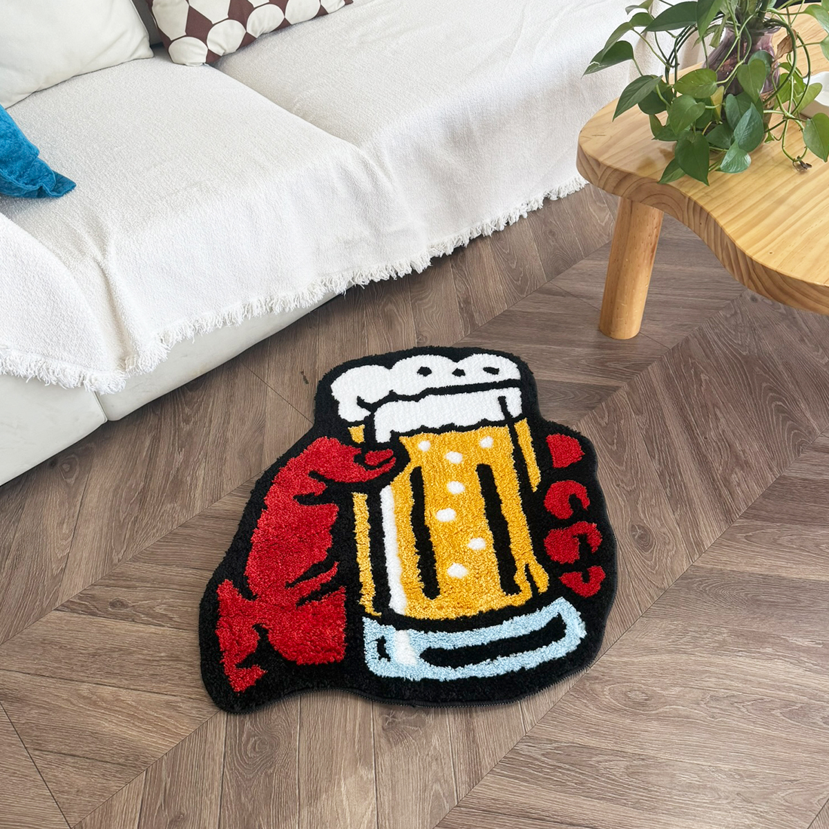 Beer Mug & Claw Tufted Rug - Vibrant Cartoon Style Anti-Slip Floor Mat for Home Bar & Kitchen Decor.
