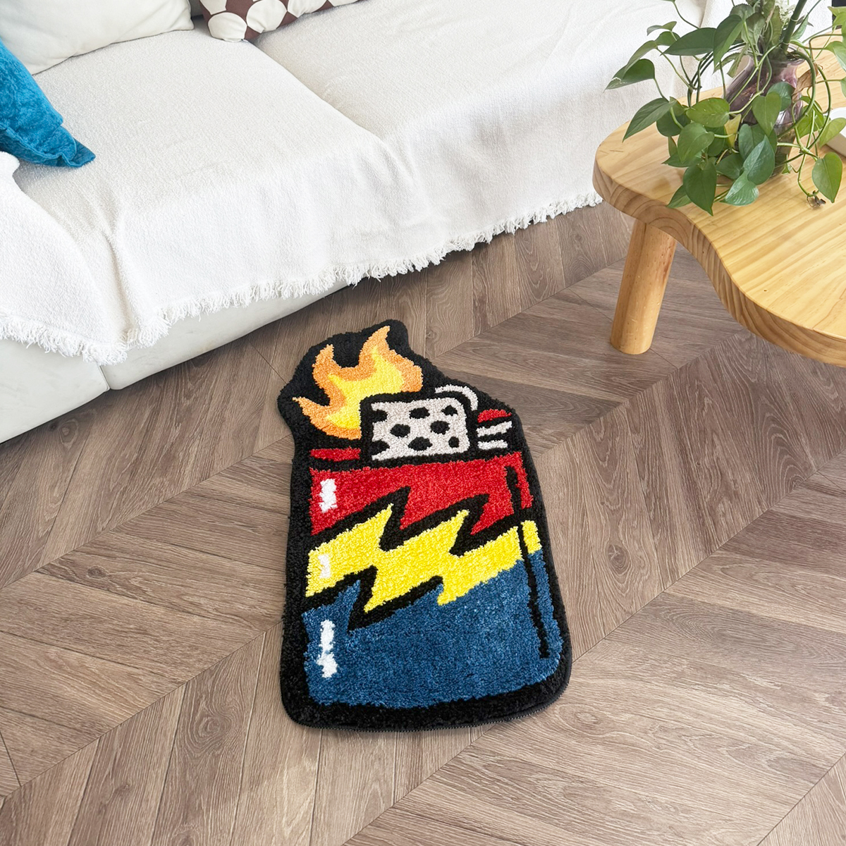 Funky Lightning Lighter Tufted Rug - Soft Anti-Slip Floor Mat, Bold Aesthetic Decor for Modern Bedroom & Living Room.