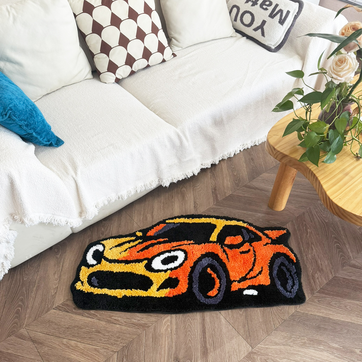 Cartoon Sports Car Tufted Rug, Vibrant Orange & Yellow Gradient Plush Floor Mat, Anti-Slip Irregular Shaped Carpet for Car Enthusiasts, Gaming Room & Bedroom Decor