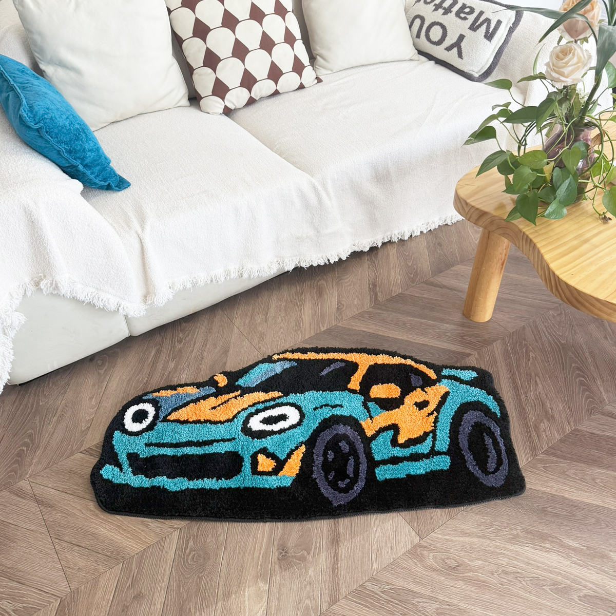 Cartoon Sports Car Tufted Rug, Vibrant Orange & Yellow Gradient Plush Floor Mat, Anti-Slip Irregular Shaped Carpet for Car Enthusiasts, Gaming Room & Bedroom Decor