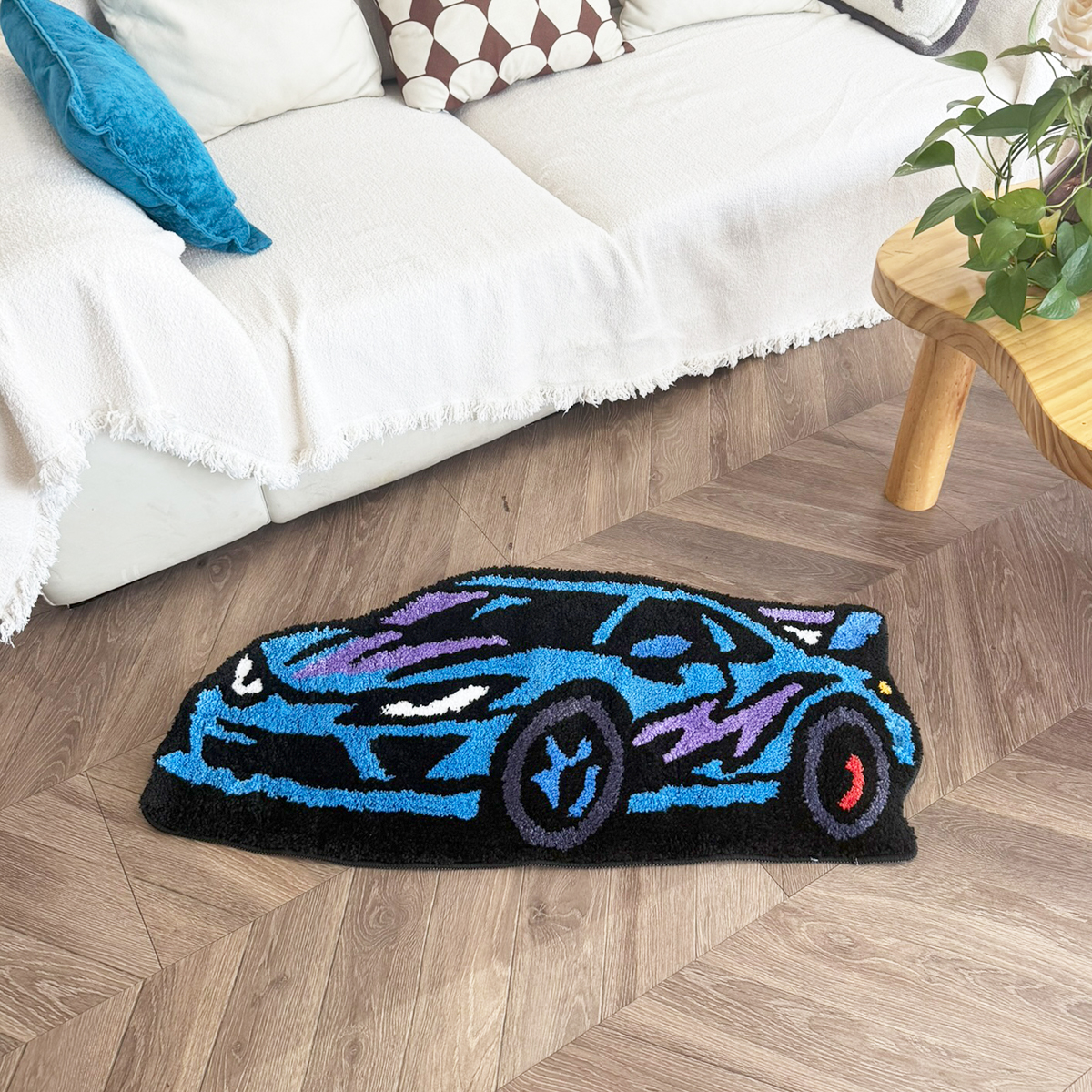 Cartoon Sports Car Tufted Rug, Vibrant Orange & Yellow Gradient Plush Floor Mat, Anti-Slip Irregular Shaped Carpet for Car Enthusiasts, Gaming Room & Bedroom Decor