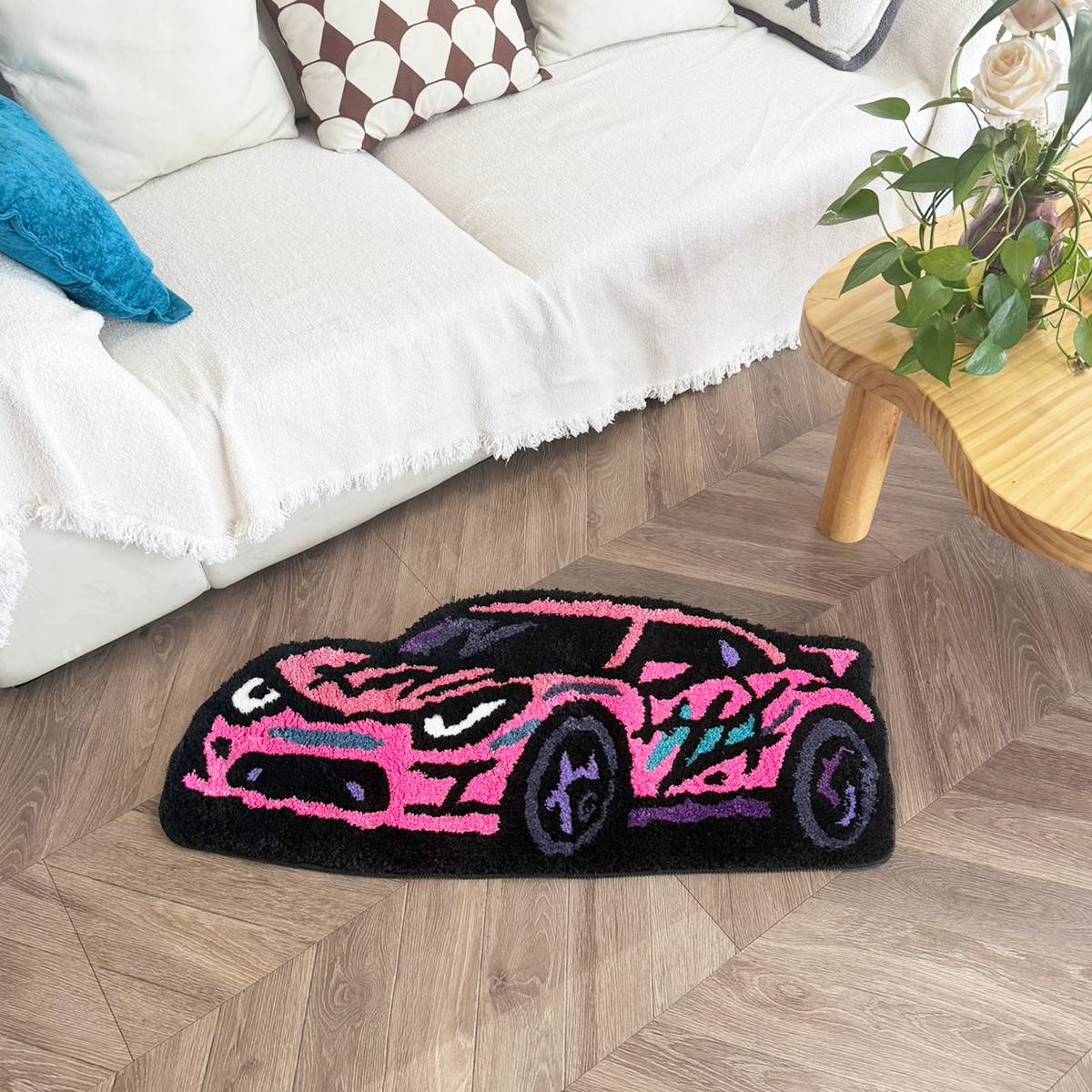 Cartoon Sports Car Tufted Rug, Vibrant Orange & Yellow Gradient Plush Floor Mat, Anti-Slip Irregular Shaped Carpet for Car Enthusiasts, Gaming Room & Bedroom Decor