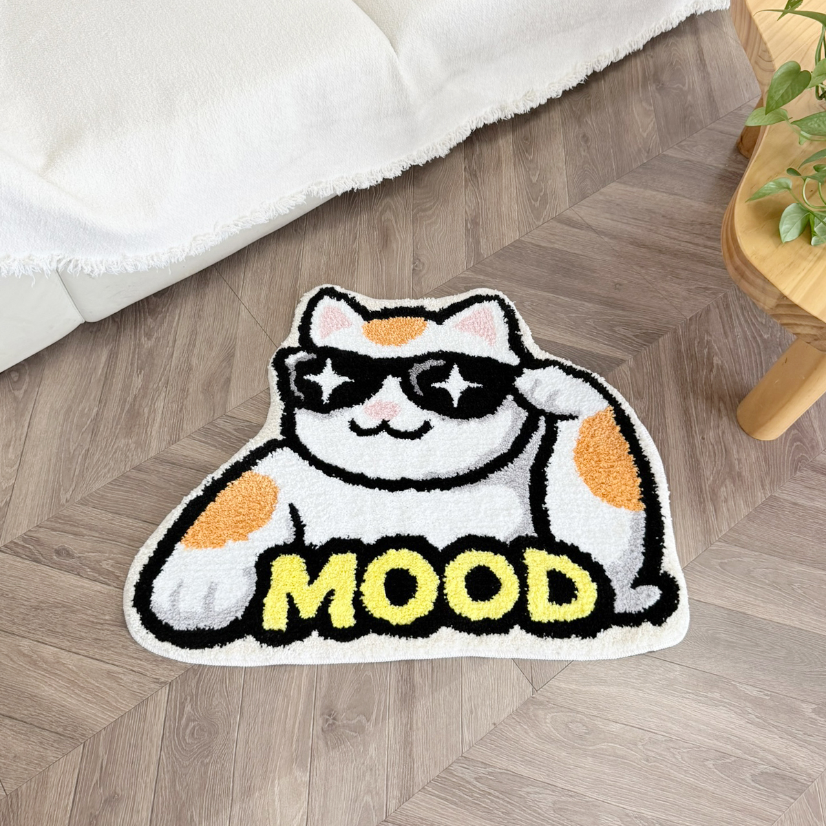 Cool Cat With Star Sunglasses Tufted Rug, Cute MOOD Letter Kitten Shaped Fluffy Floor Mat, Non Slip Absorbent Doormat for Bedroom Bathroom Home Decor