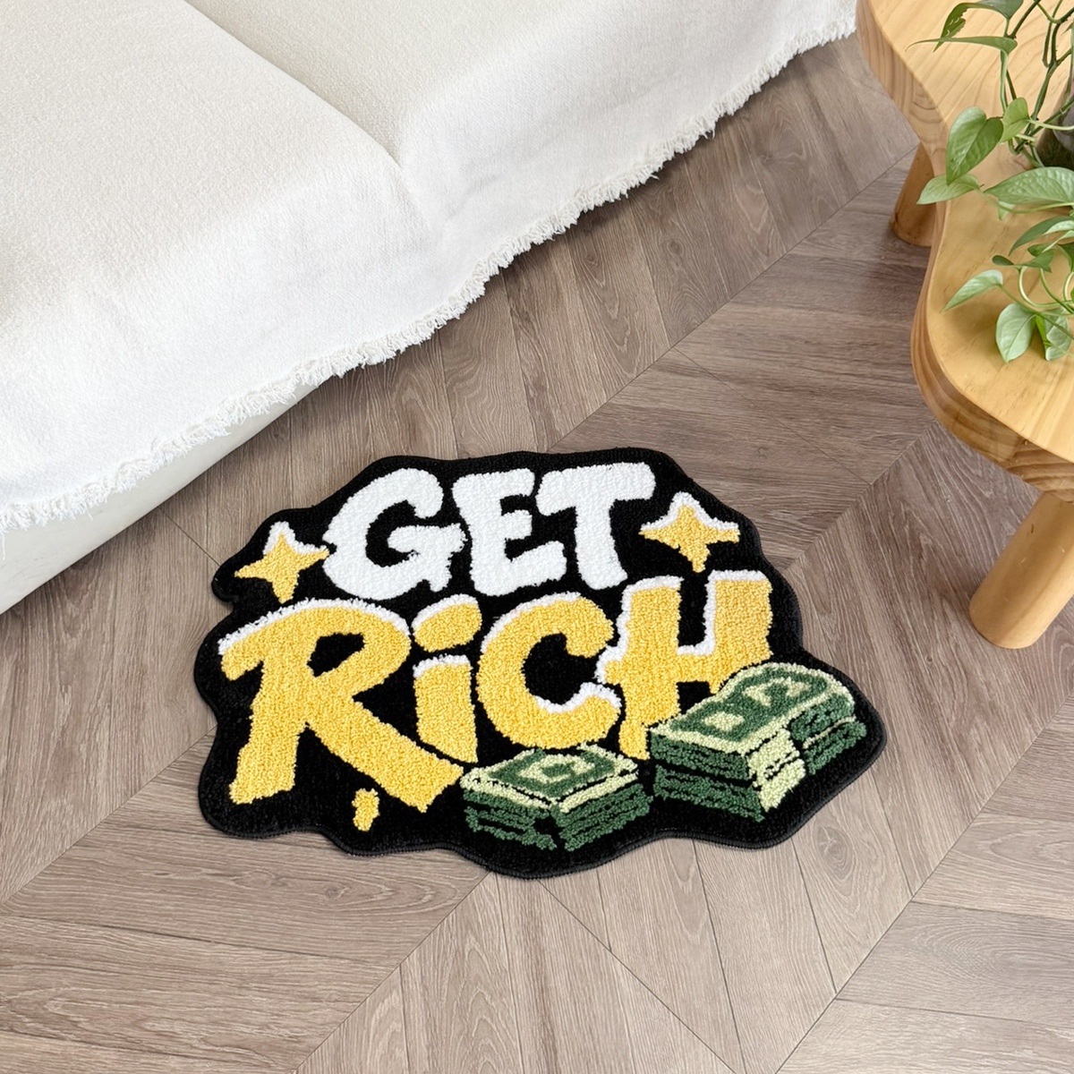 GET RICH Money Design Tufted Rug, Dollar Cash Stack Irregular Shaped Fluffy Floor Mat, Non Slip Absorbent Doormat for Bedroom Entryway Home Decor