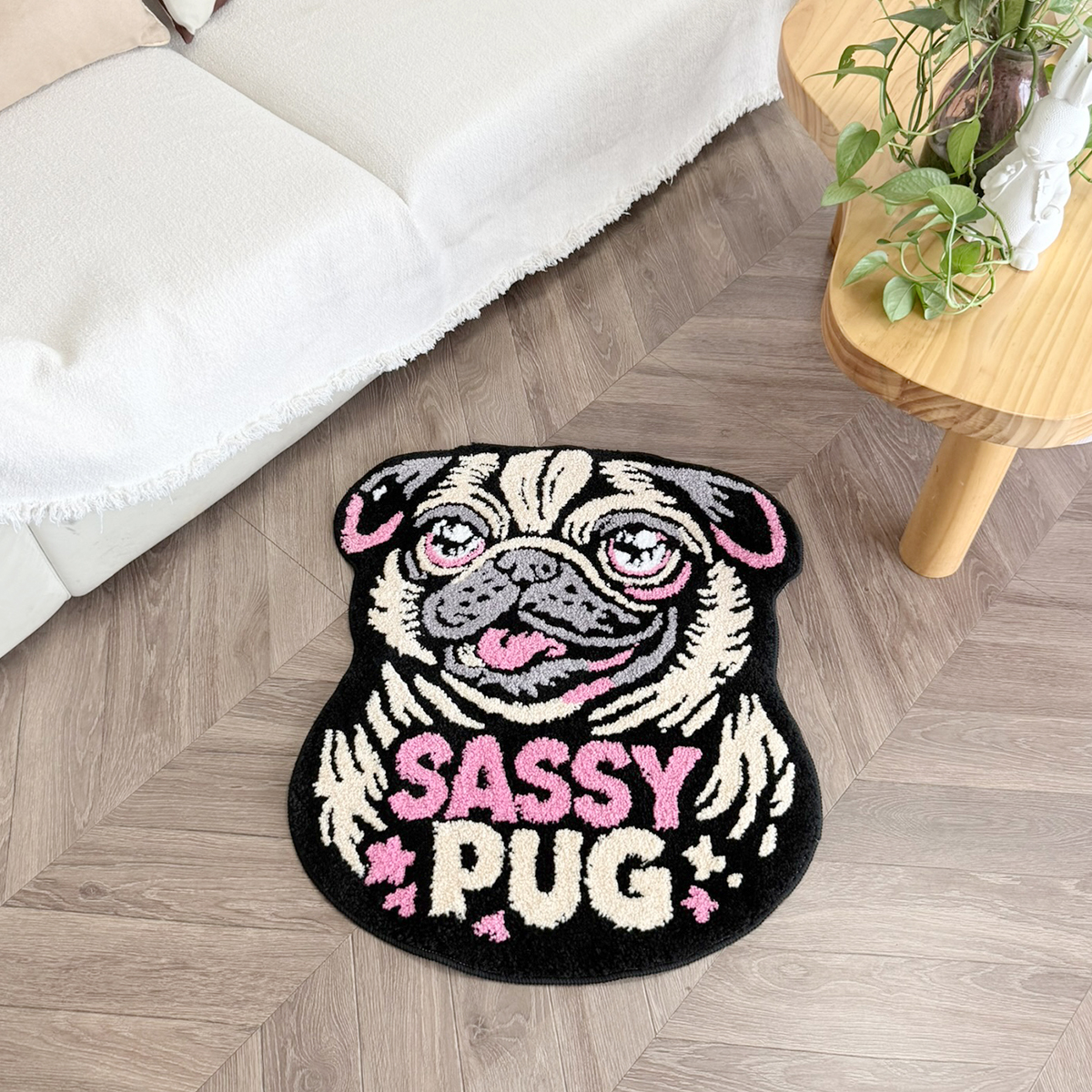 Sassy Pug Dog Tufted Rug, Cute Cartoon Pug Head Irregular Shaped Fluffy Floor Mat, Non Slip Absorbent Doormat for Bedroom Bathroom Home Decor