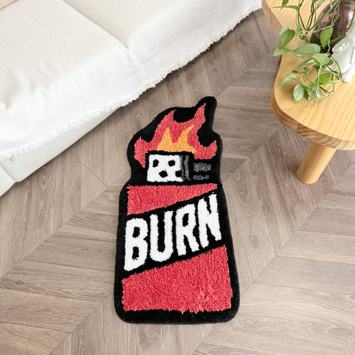 BURN Lighter Shaped Tufted Rug, Retro Flame & Dice Irregular Fluffy Floor Mat, Non Slip Absorbent Doormat for Bedroom Entryway Home Decor