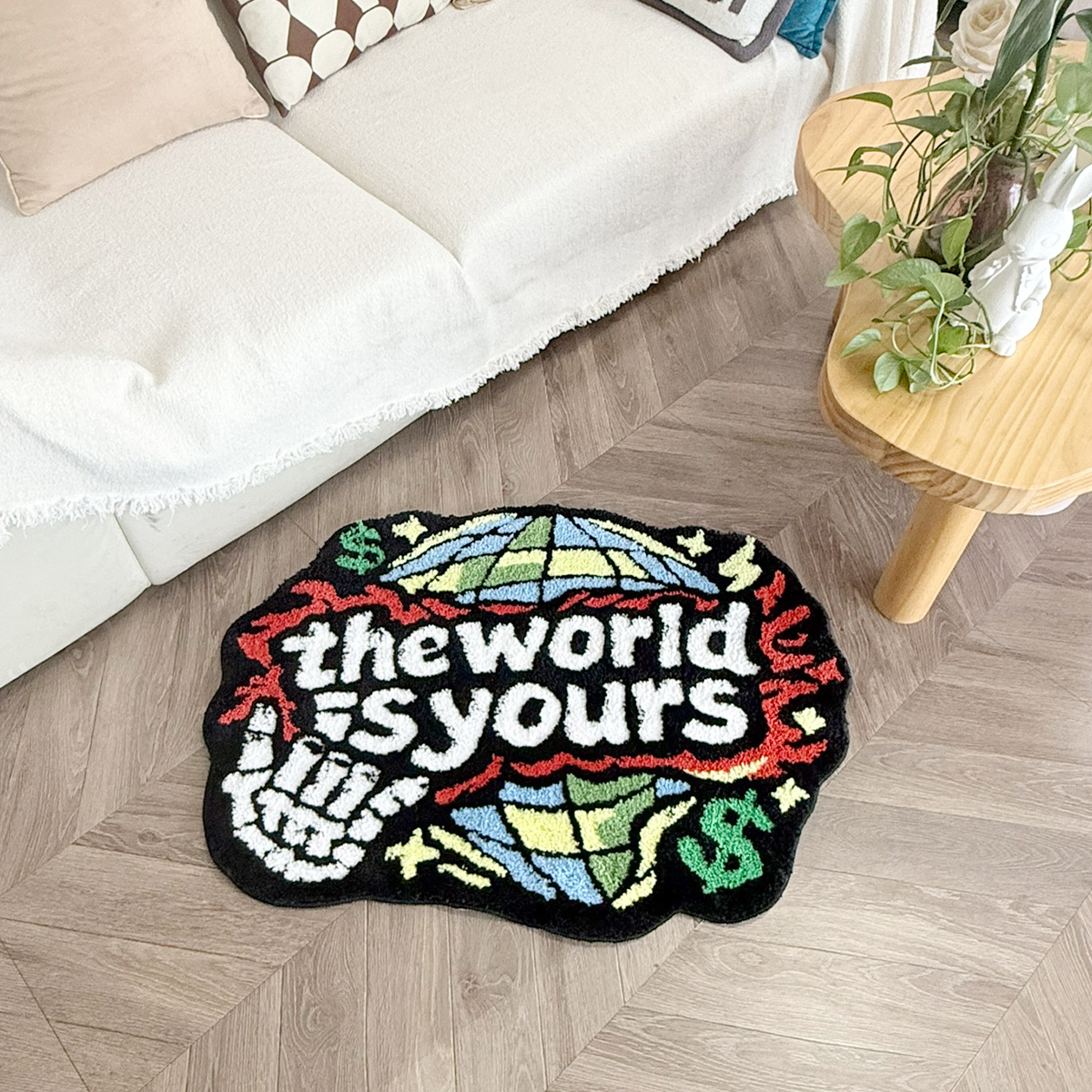 The World Is Yours Tufted Rug, Skull Hand & Globe Dollar Sign Irregular Fluffy Floor Mat, Non Slip Absorbent Doormat for Bedroom Entryway Home Decor