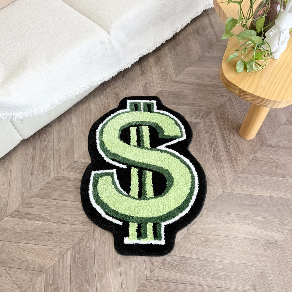 Dollar Sign Shaped Tufted Rug, Green Black Irregular Money Symbol Fluffy Floor Mat, Non Slip Absorbent Doormat for Bedroom Entryway Home Decor