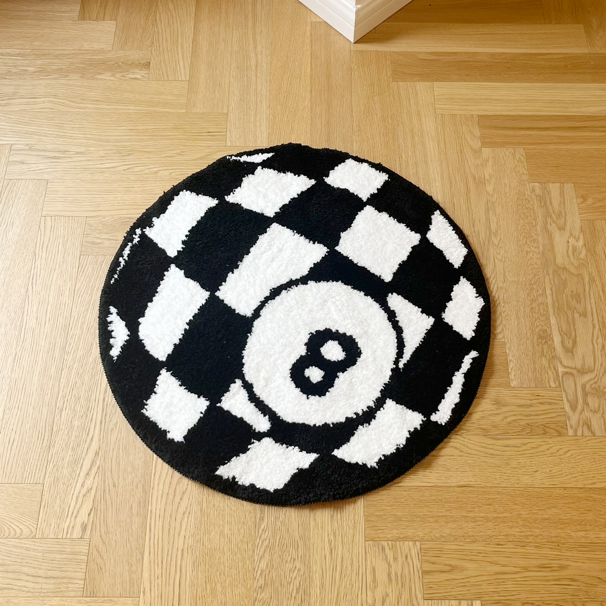 Circular Checkerboard Pattern Tufted Rug No.8 Billiards Mat Korean Style Soft Living Room Carpet Area Floor Pad Doormat Decor