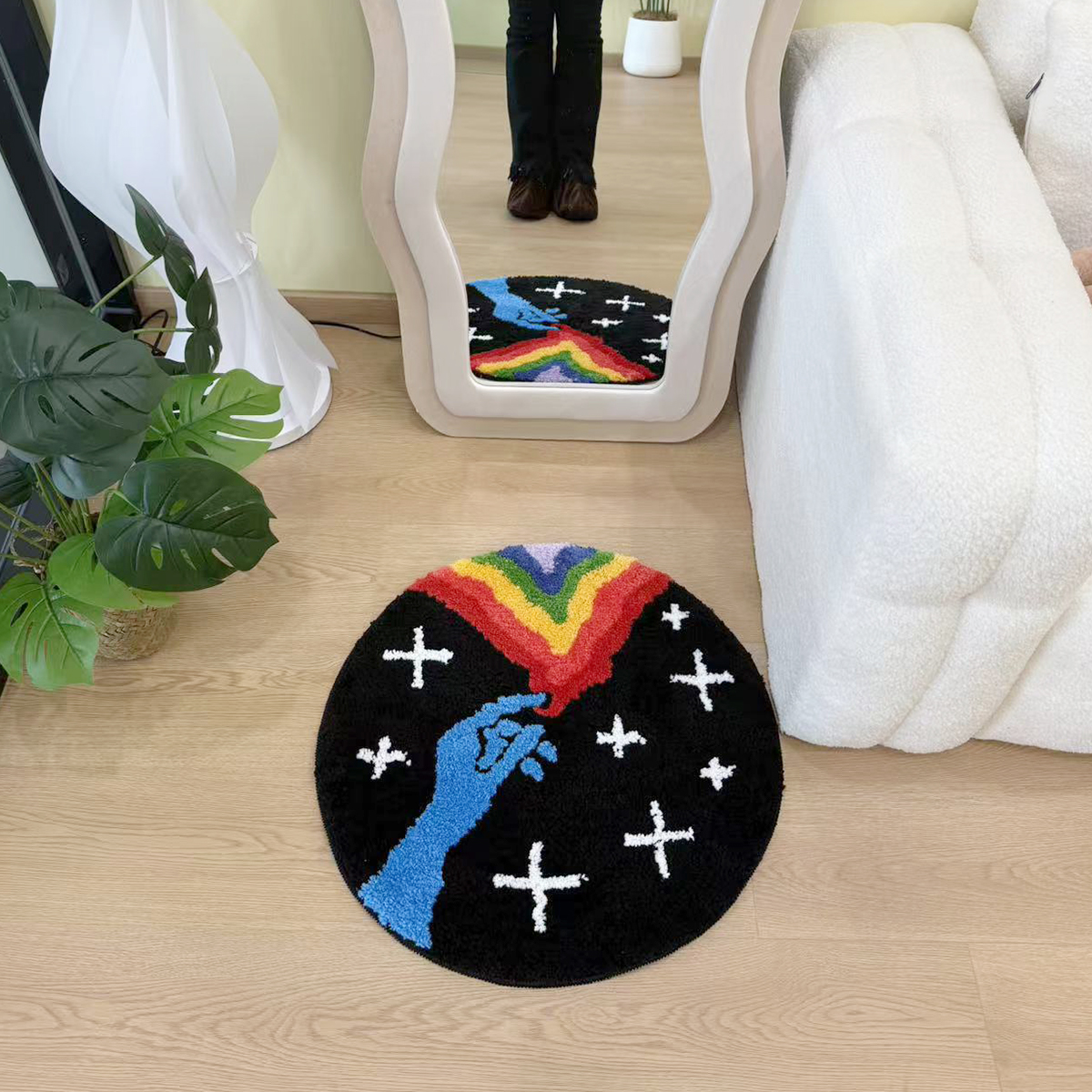 Dreamy Rainbow Star Tufted Rug Finger Small Carpet Flocking Rug Soft Textured Portable Floor Mat for Gifts Antislip Bedside Rug