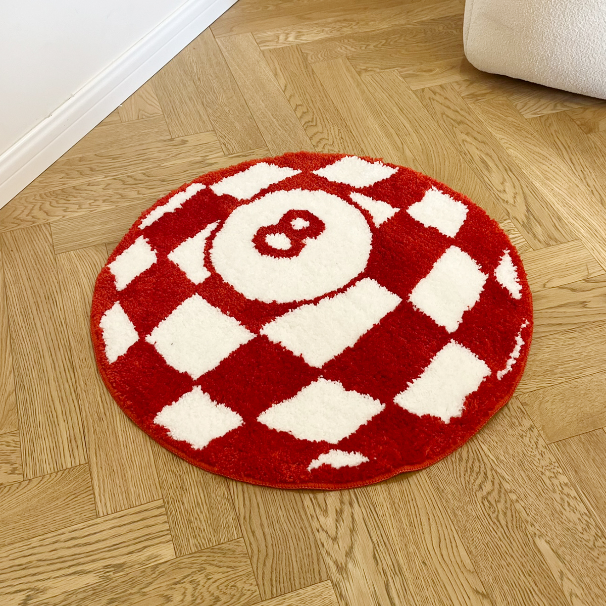 Circular Checkerboard Pattern Tufted Rug No.8 Billiards Mat Korean Style Soft Living Room Carpet Area Floor Pad Doormat Decor