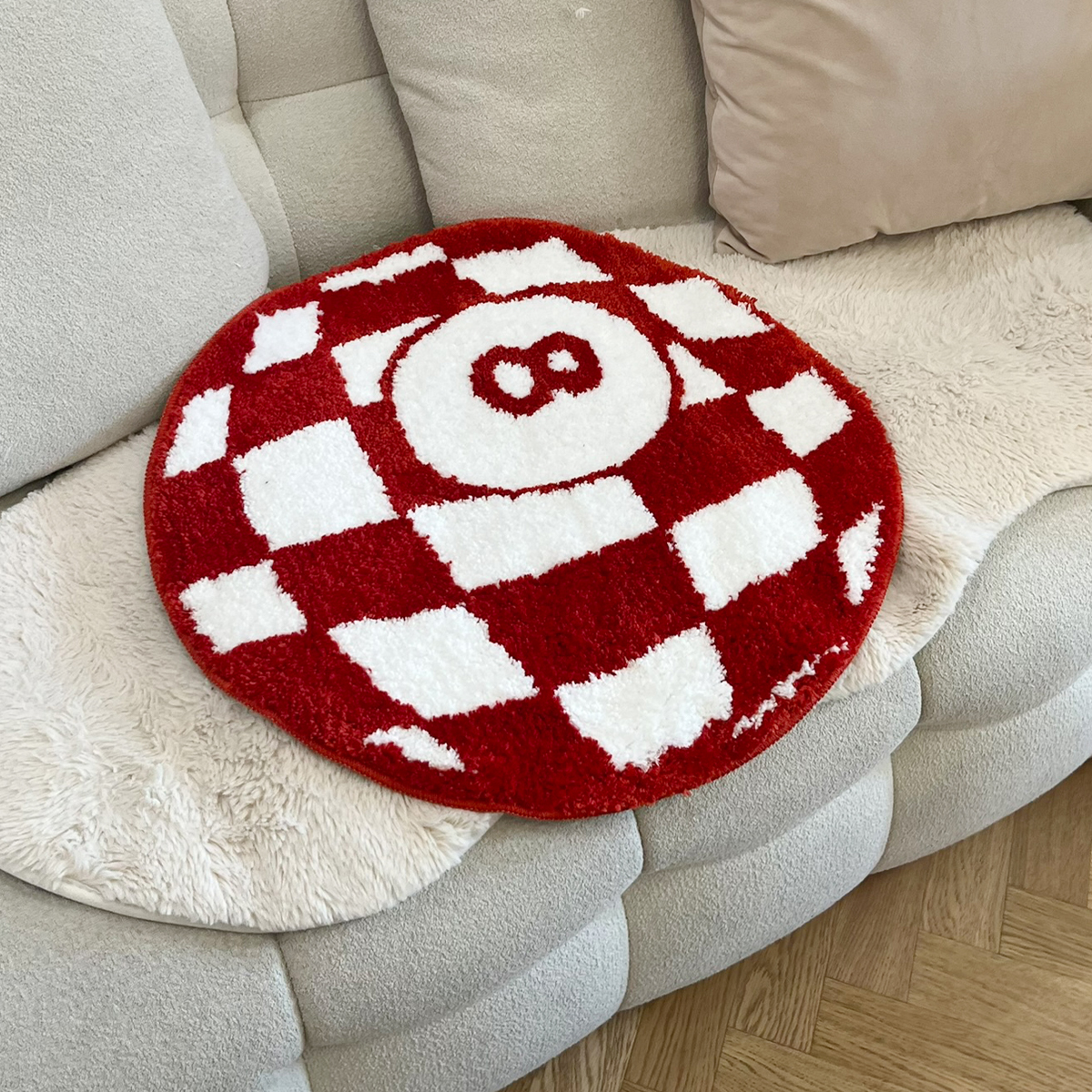 Circular Checkerboard Pattern Tufted Rug No.8 Billiards Mat Korean Style Soft Living Room Carpet Area Floor Pad Doormat Decor