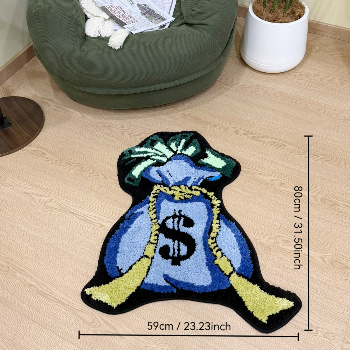 Blue Money Bag Shaped Tufted Rug, Blue Dollar Sign Plush Carpet with Cash Detail, Soft Non-Slip Irregular Floor Mat for Bedroom, Man Cave & Office, Fun Finance Themed Home Decor for Entrepreneurs