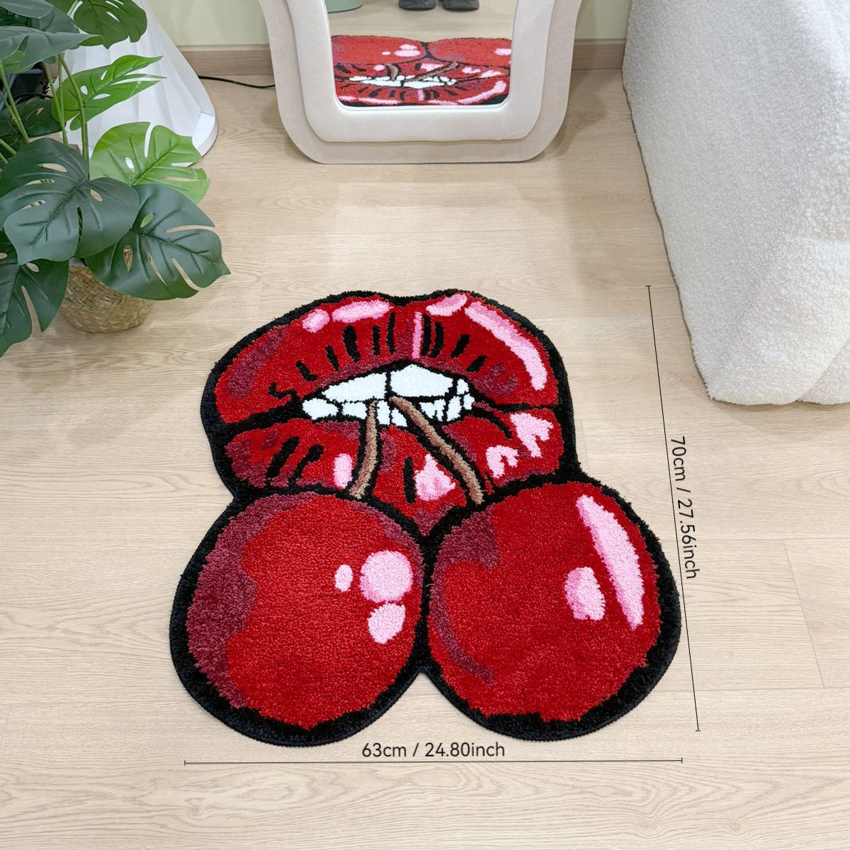 Cherry Red Lips Creative Pattern Rug Cloakroom Game room Housewarming Gift Handmade Non-Slip Unique Decorative Carpet Floor Pad