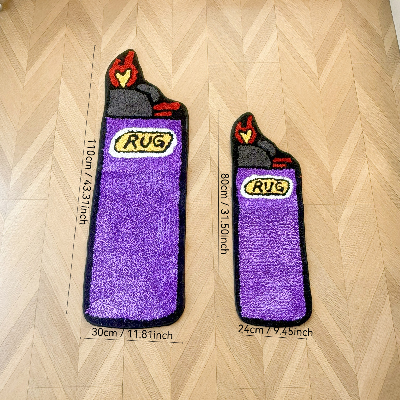 Purple Lighter Shaped Tufted Rug Set, "RUG" Letter & Heart Flame Design Plush Floor Mat, Anti-Slip Irregular Carpet for Street Style Bedroom & Dorm Decor
