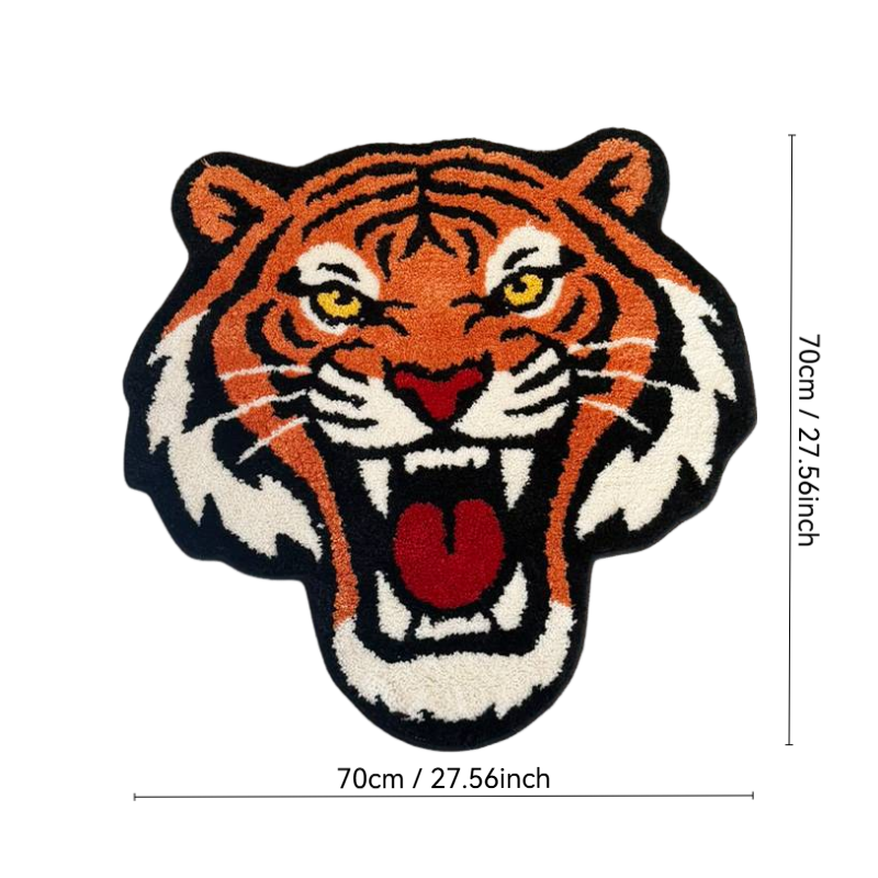 Fierce Tiger Head Tufted Rug - Vibrant Orange Anti-Slip Floor Mat for Bedroom & Living Room, Bold Animal Print Carpet