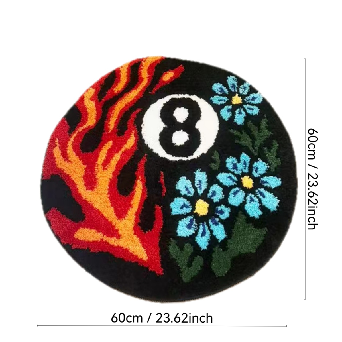 Vibrant 8 Ball Pattern Tufted Rug - Flame & Floral Design Plush Carpet, Perfect for Billiard Lovers & Trendy Spaces.