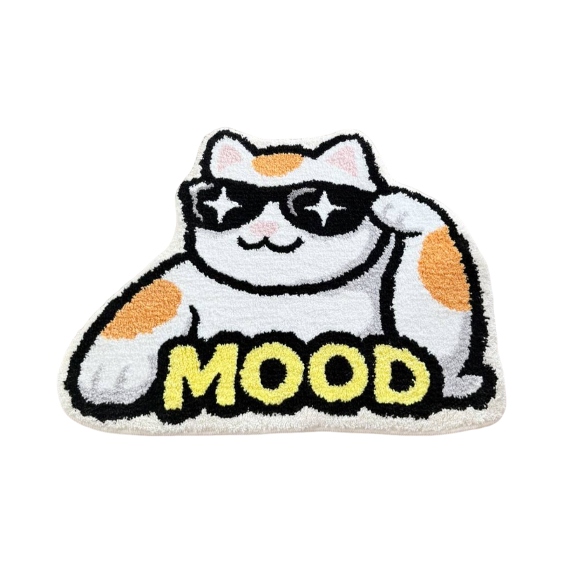 Cool Cat With Star Sunglasses Tufted Rug, Cute MOOD Letter Kitten Shaped Fluffy Floor Mat, Non Slip Absorbent Doormat for Bedroom Bathroom Home Decor