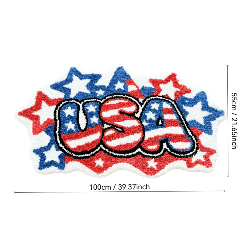 USA Letter American Flag Tufted Rug, Retro Stars Stripes Irregular Shaped Fluffy Floor Mat, Non Slip Absorbent Doormat for Bedroom Bathroom Home Decor