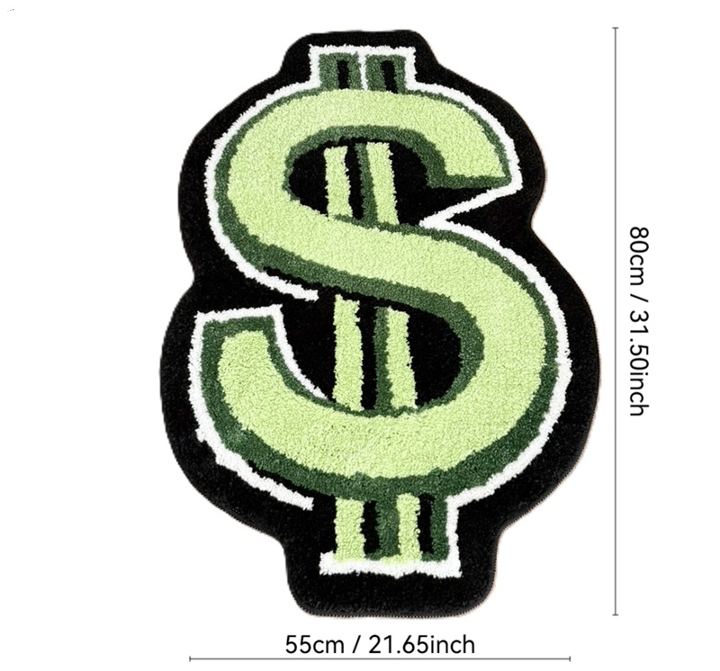 Dollar Sign Shaped Tufted Rug, Green Black Irregular Money Symbol Fluffy Floor Mat, Non Slip Absorbent Doormat for Bedroom Entryway Home Decor
