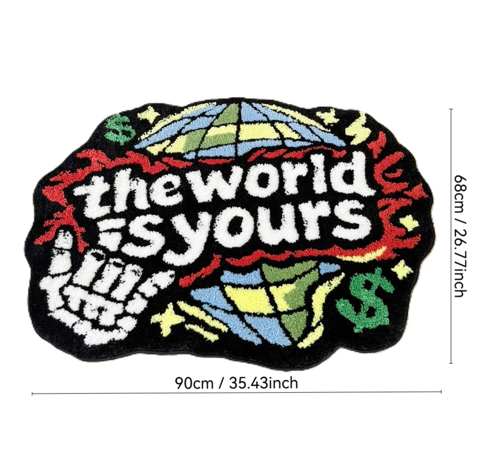 The World Is Yours Tufted Rug, Skull Hand & Globe Dollar Sign Irregular Fluffy Floor Mat, Non Slip Absorbent Doormat for Bedroom Entryway Home Decor