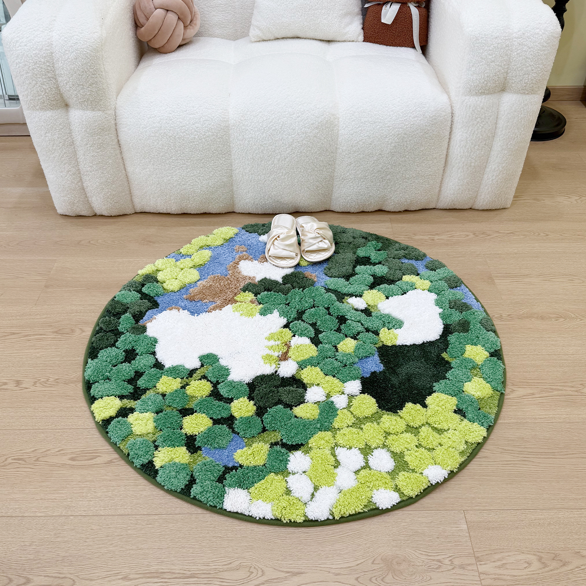European Earth Moss 3D Flocking Rug Round Bedside Rug INS Entrance Anti-Slip Water-Absorbent Floor Mat for Bedroom & Home Decor