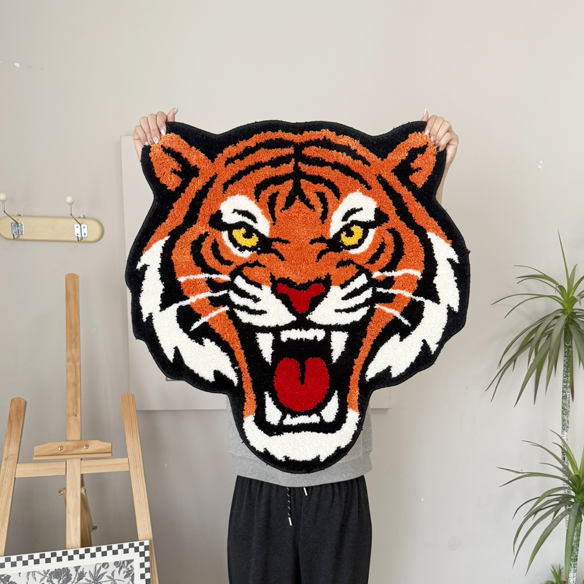 Fierce Tiger Head Tufted Rug - Vibrant Orange Anti-Slip Floor Mat for Bedroom & Living Room, Bold Animal Print Carpet
