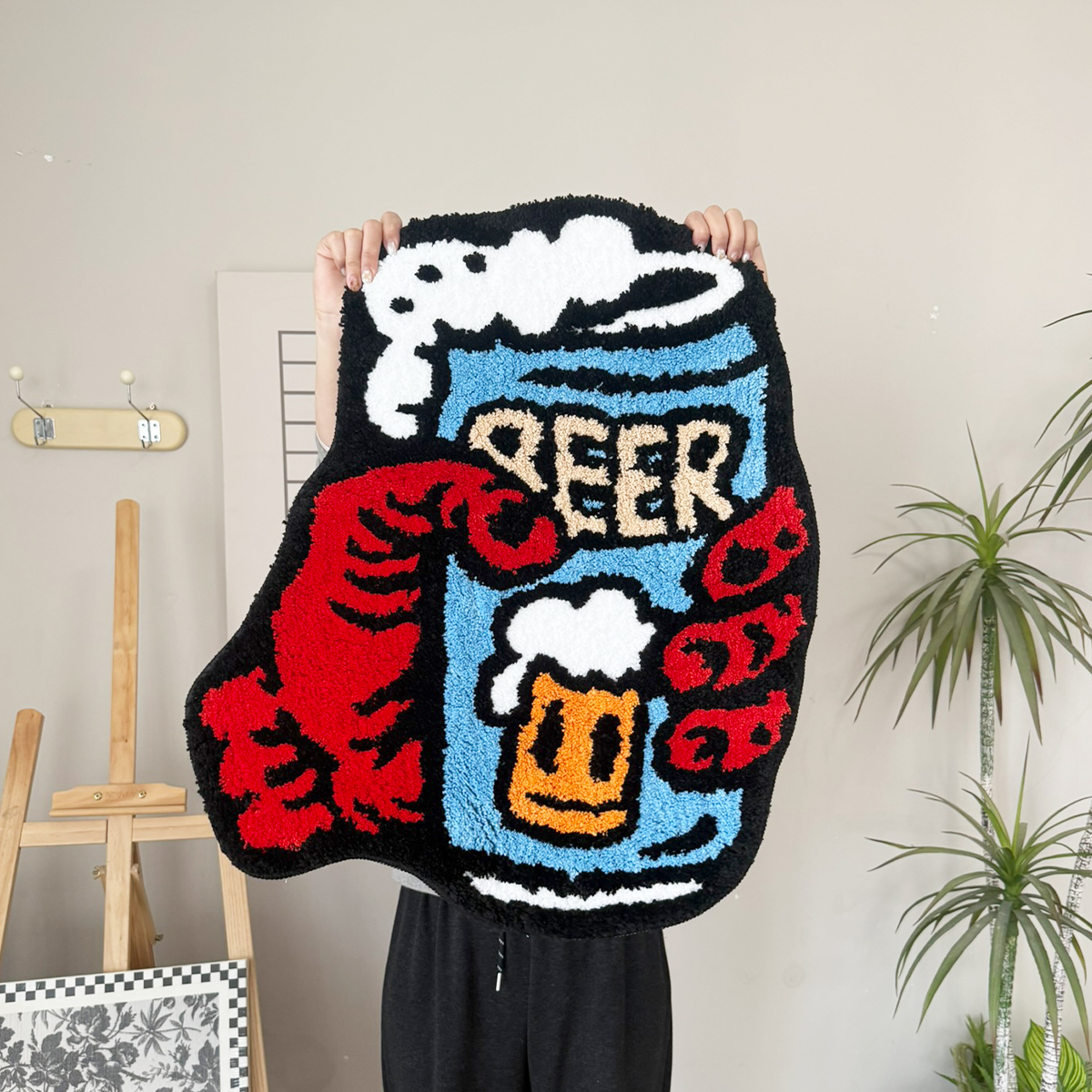 Retro Beer & Claws Tufted Rug - Funky Cartoon Style Anti-Slip Floor Mat for Home Bar & Living Room Decor.