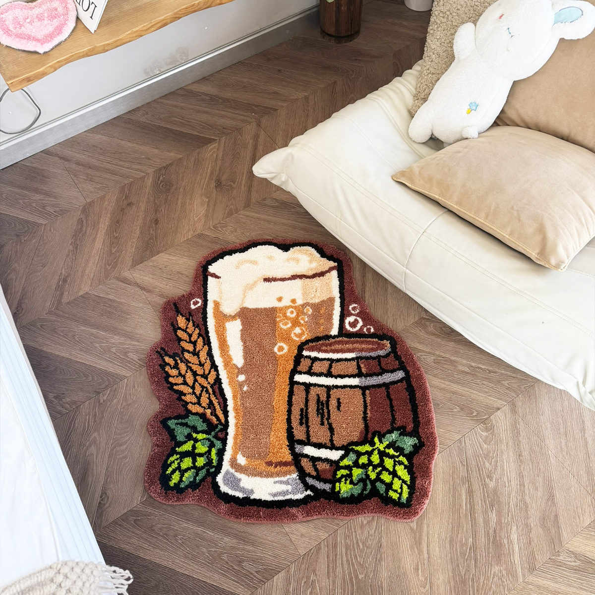 Beer Mug & Barrel Tufted Rug - Vibrant Retro Style Anti-Slip Floor Mat for Home Bar, Kitchen & Man Cave Decor.
