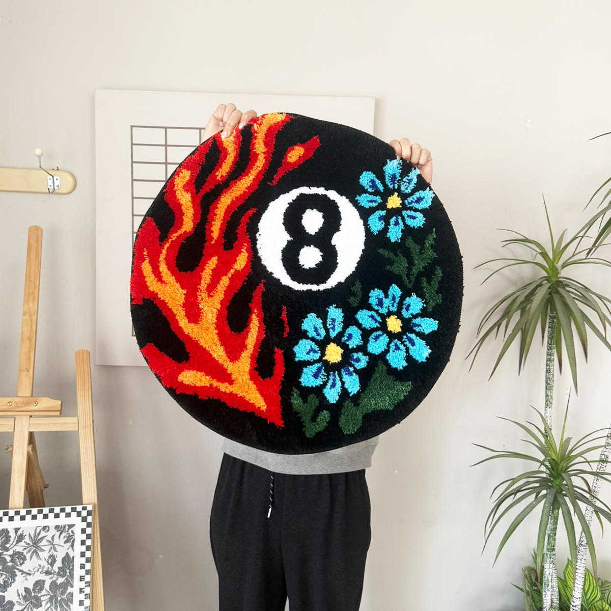 Vibrant 8 Ball Pattern Tufted Rug - Flame & Floral Design Plush Carpet, Perfect for Billiard Lovers & Trendy Spaces.