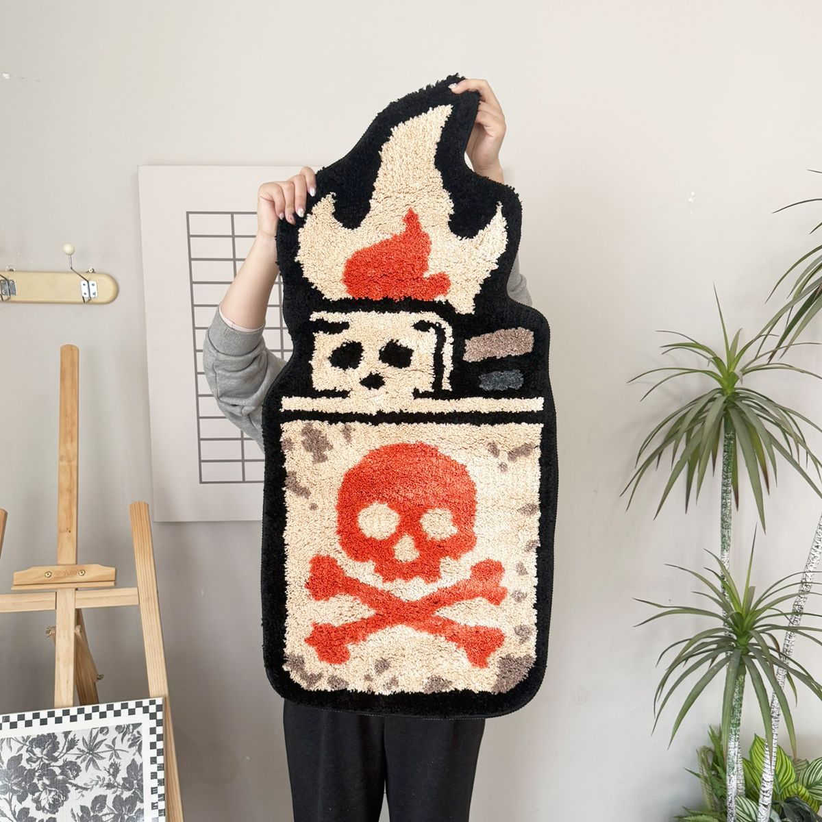 Retro Skull Lighter Tufted Rug - Grunge Aesthetic Plush Carpet, Perfect for Street Style Home & Man Cave.