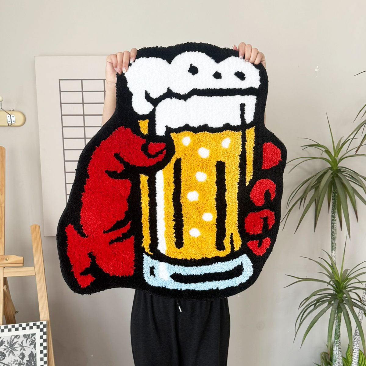 Beer Mug & Claw Tufted Rug - Vibrant Cartoon Style Anti-Slip Floor Mat for Home Bar & Kitchen Decor.