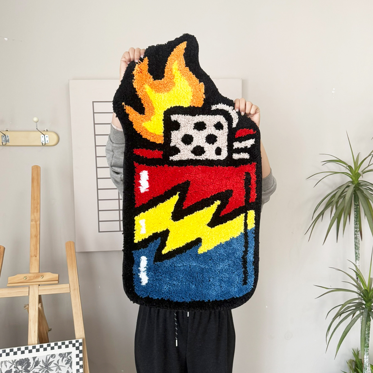 Funky Lightning Lighter Tufted Rug - Soft Anti-Slip Floor Mat, Bold Aesthetic Decor for Modern Bedroom & Living Room.